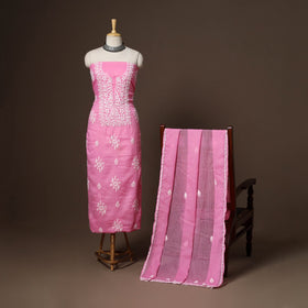Pink - 2pc kota doria cotton unstitched lucknow chikankari