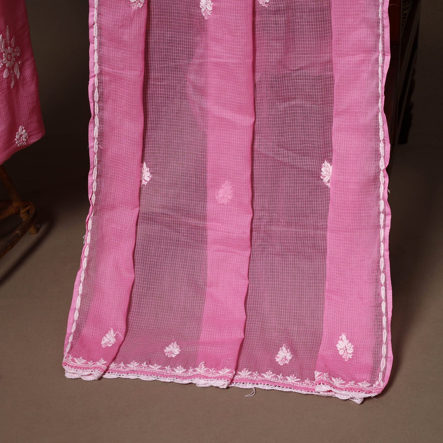 Pink - 2pc kota doria cotton unstitched lucknow chikankari