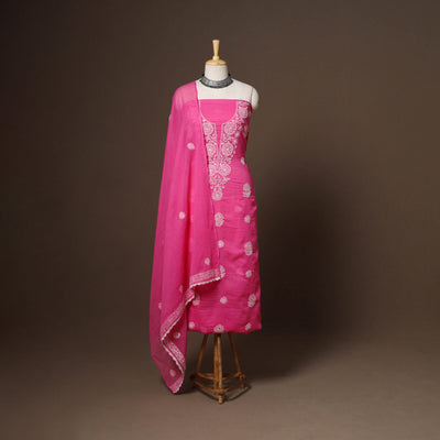 Pink - 2pc kota doria cotton unstitched lucknow chikankari