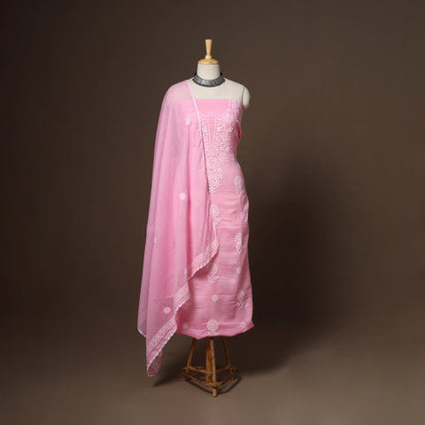 Pink - 2pc kota doria cotton unstitched lucknow chikankari