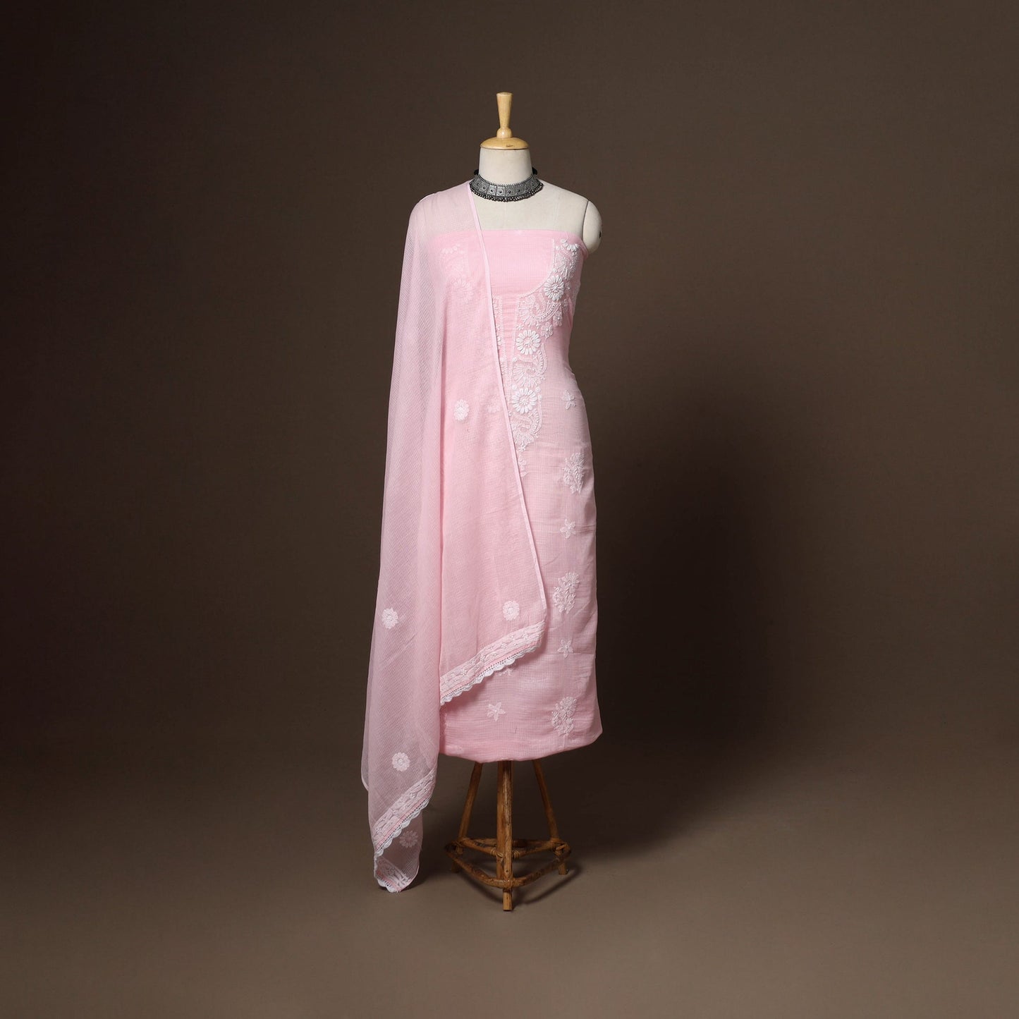 Pink - 2pc kota doria cotton unstitched lucknow chikankari