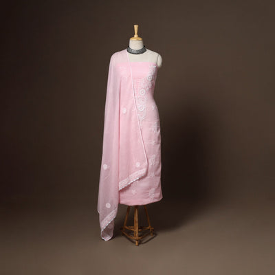 Pink - 2pc kota doria cotton unstitched lucknow chikankari