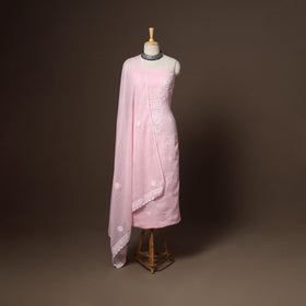 Pink - 2pc kota doria cotton unstitched lucknow chikankari