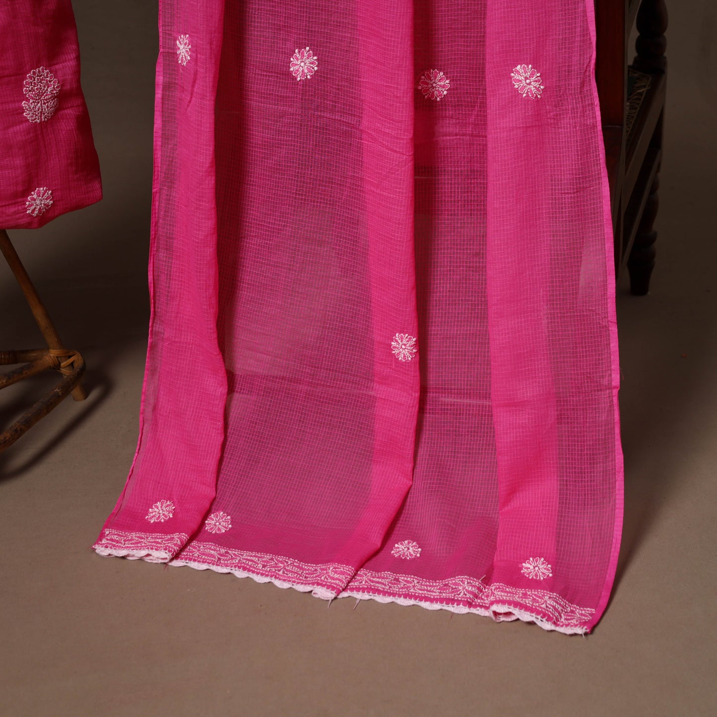 Pink - 2pc kota doria cotton unstitched lucknow chikankari
