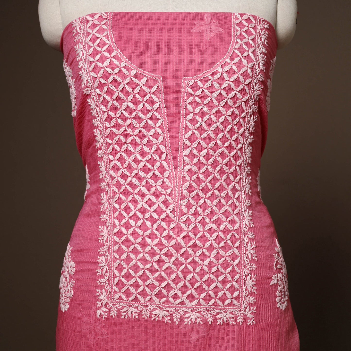 Pink - 2pc kota doria cotton unstitched lucknow chikankari