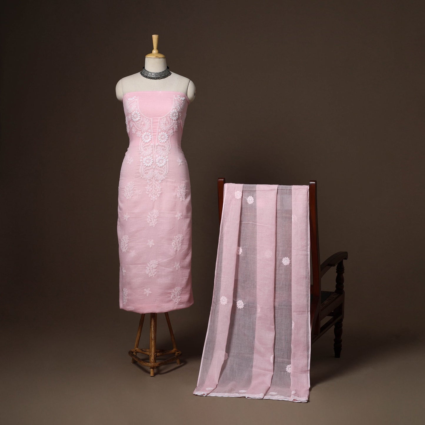 Pink - 2pc kota doria cotton unstitched lucknow chikankari