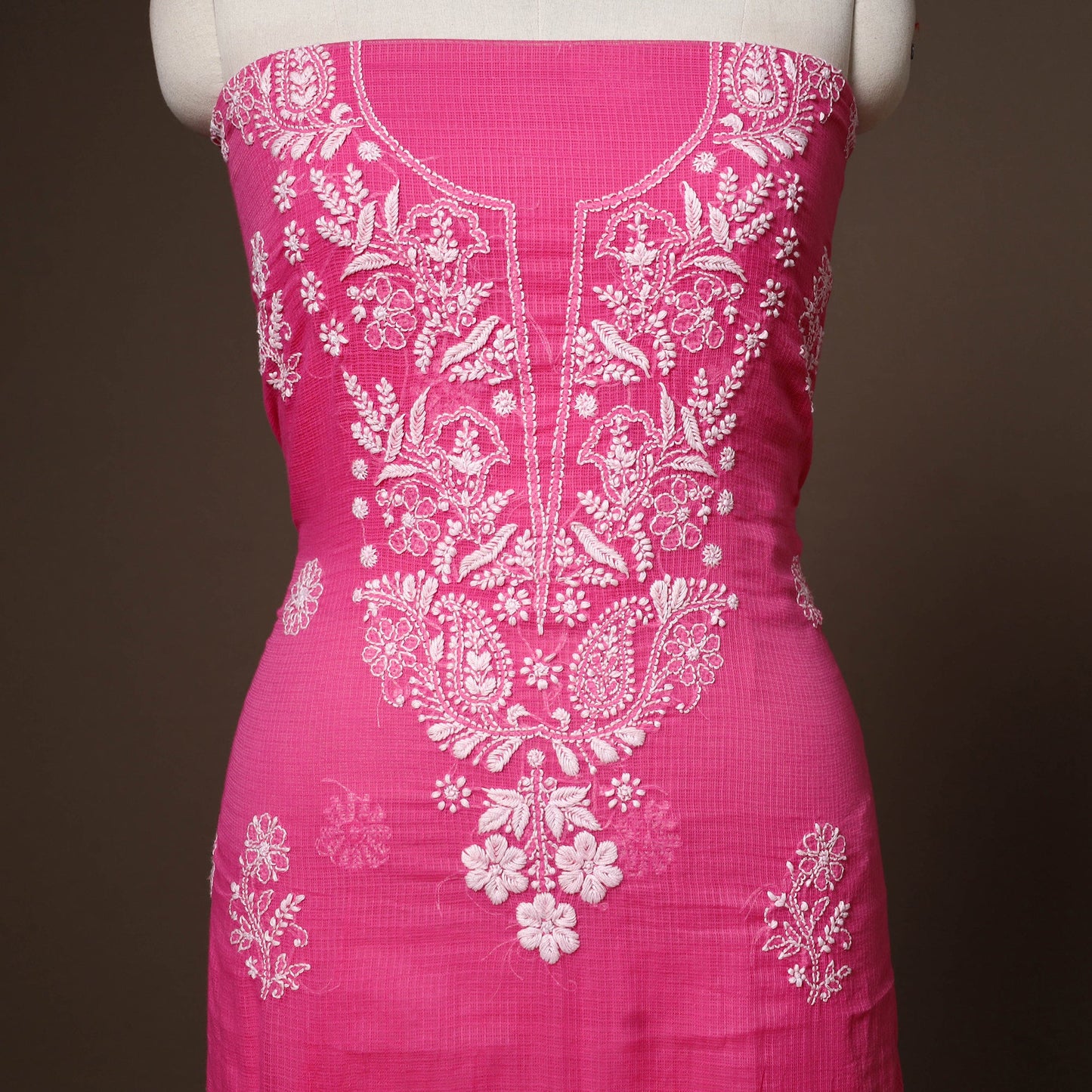 Pink - 2pc kota doria cotton unstitched lucknow chikankari