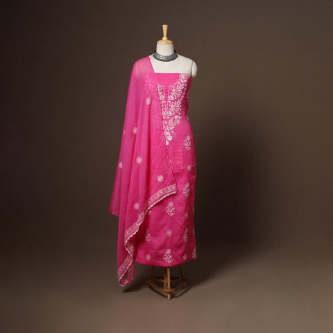 Pink - 2pc kota doria cotton unstitched lucknow chikankari