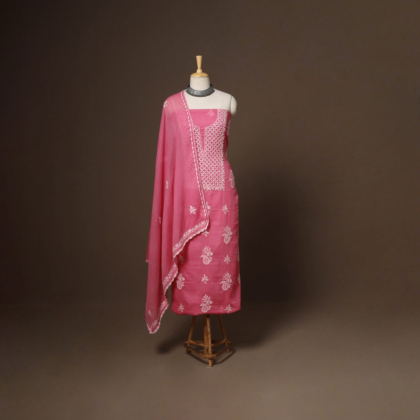 Pink - 2pc kota doria cotton unstitched lucknow chikankari