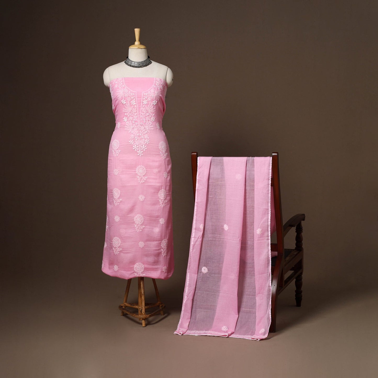 Pink - 2pc kota doria cotton unstitched lucknow chikankari