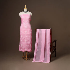 Pink - 2pc kota doria cotton unstitched lucknow chikankari