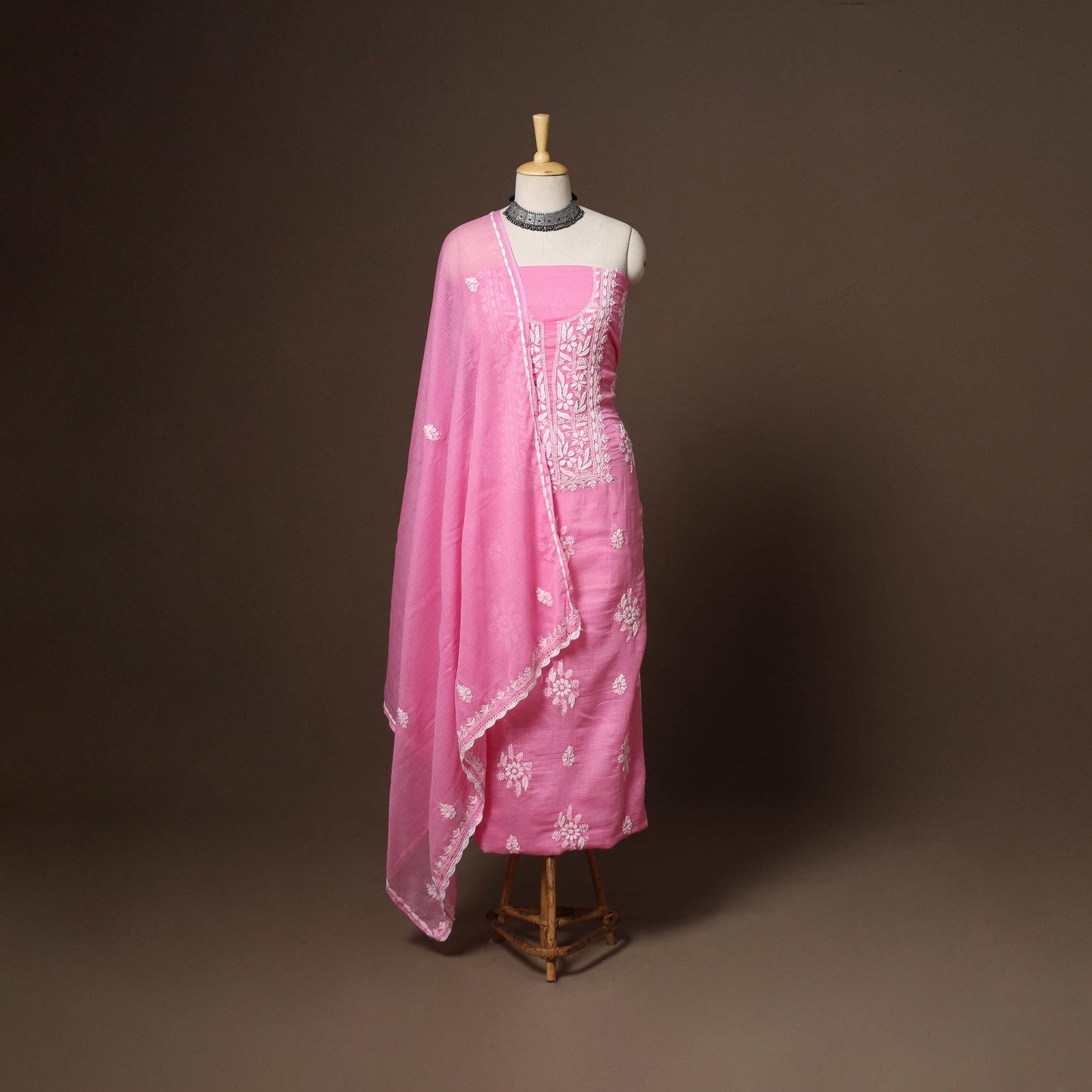 Pink - 2pc kota doria cotton unstitched lucknow chikankari