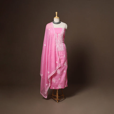 Pink - 2pc kota doria cotton unstitched lucknow chikankari