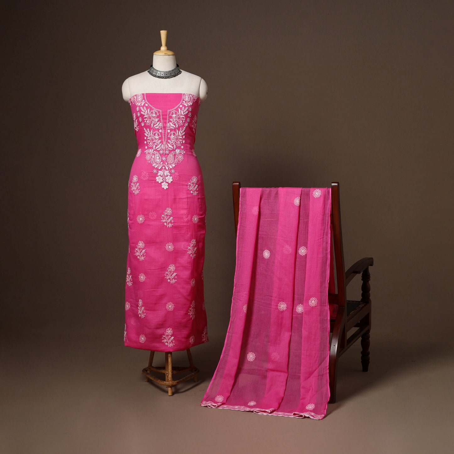 Pink - 2pc kota doria cotton unstitched lucknow chikankari