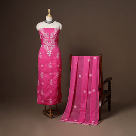 Pink - 2pc kota doria cotton unstitched lucknow chikankari