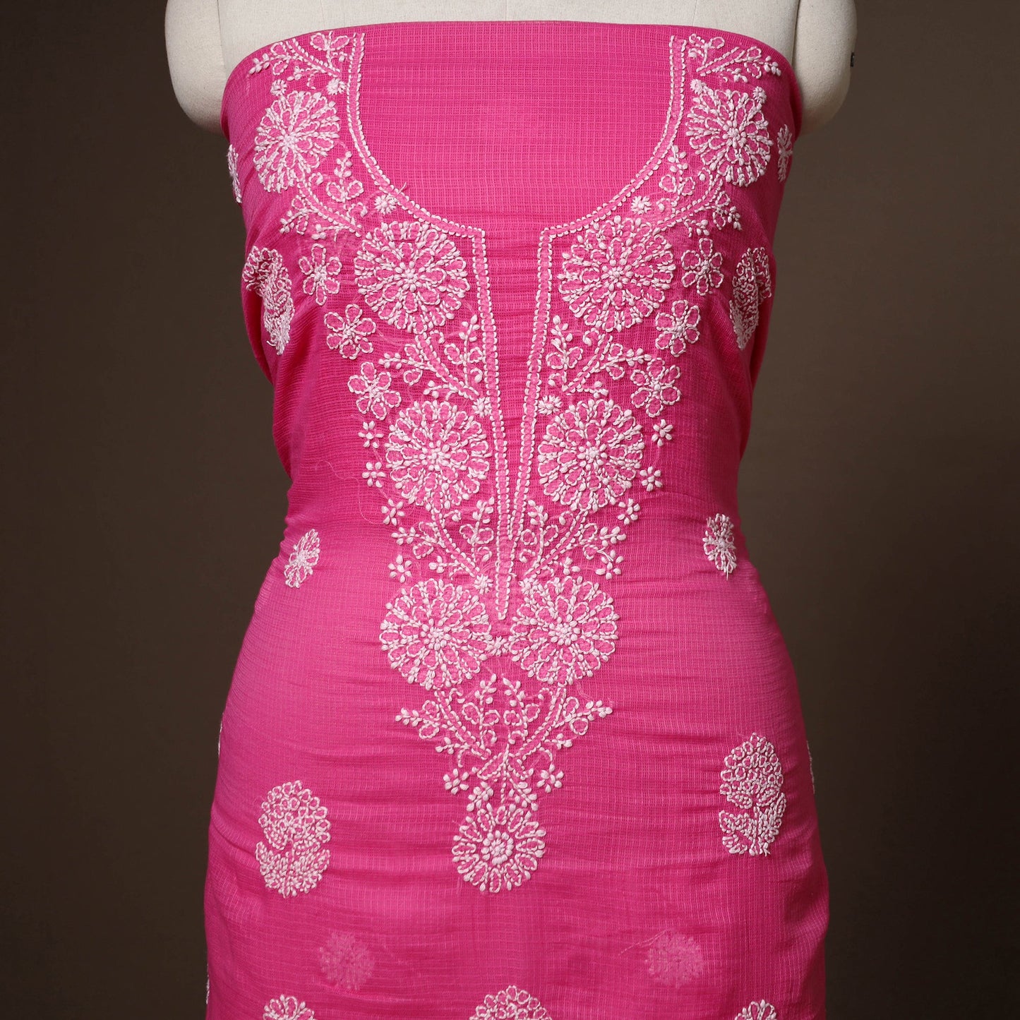 Pink - 2pc kota doria cotton unstitched lucknow chikankari