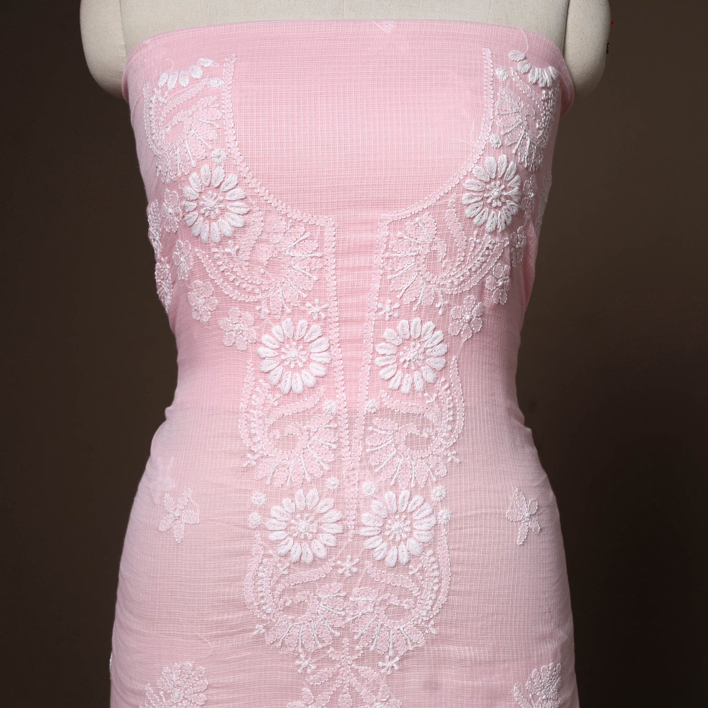 Pink - 2pc kota doria cotton unstitched lucknow chikankari