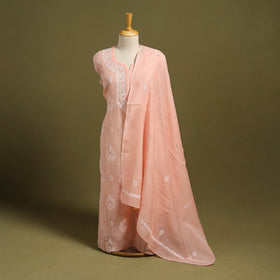 Pink 2pc Mul Chanderi Semi Stitched Heavy Chikankari Kurta Set