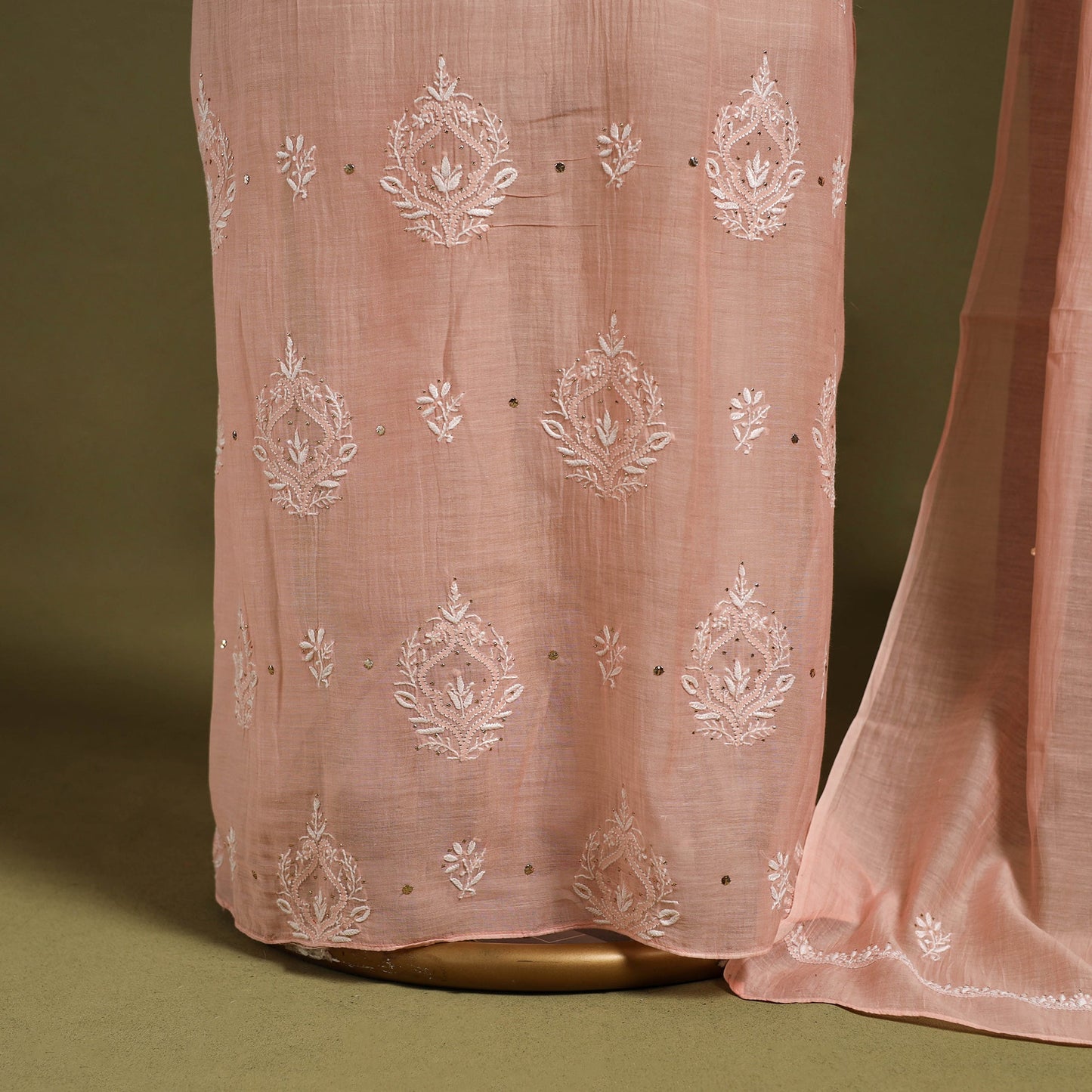 Pink 2pc Mul Chanderi Semi Stitched Heavy Chikankari Kurta Set