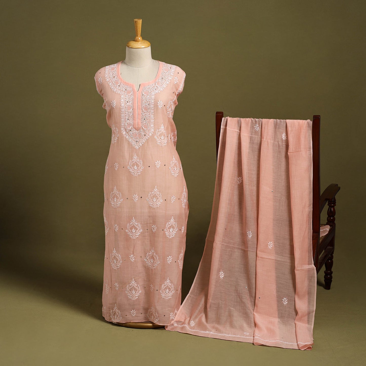 Pink 2pc Mul Chanderi Semi Stitched Heavy Chikankari Kurta Set