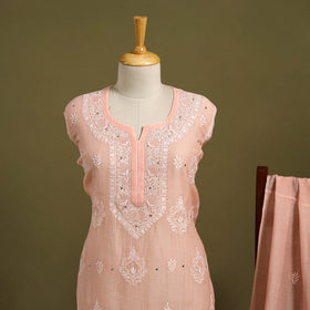 Pink 2pc Mul Chanderi Semi Stitched Heavy Chikankari Kurta Set