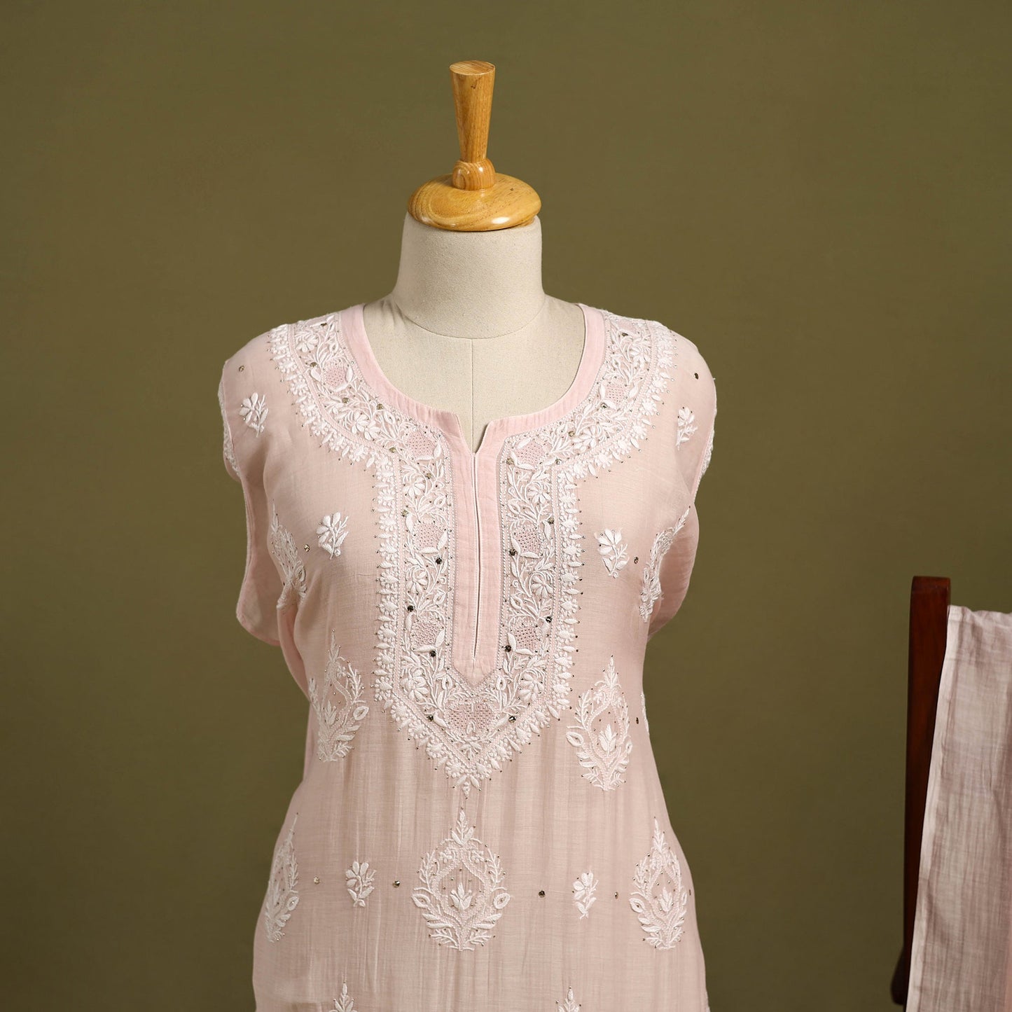 2pc Pink Mul Chanderi Semi Stitched Heavy Chikankari Kurta Set