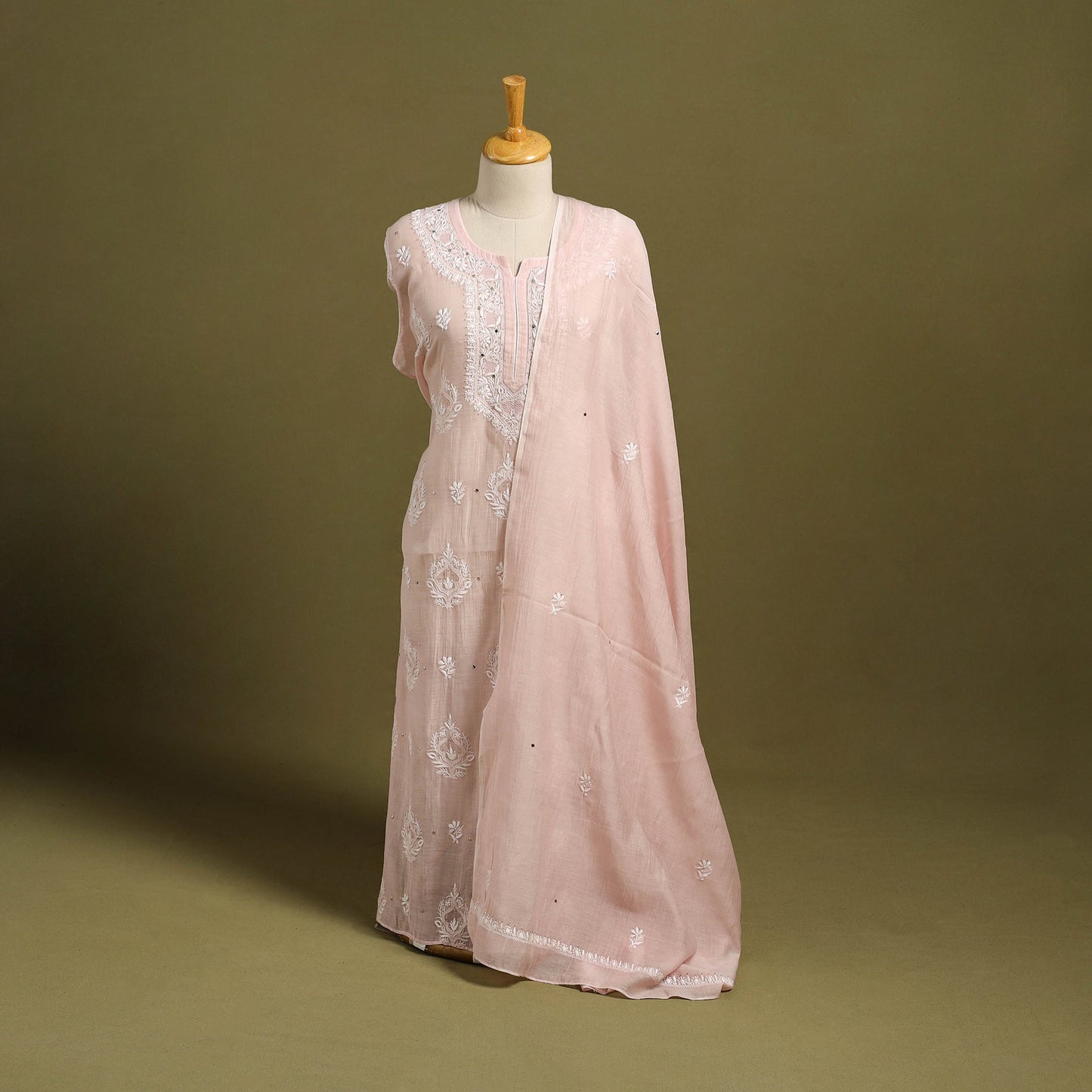 2pc Pink Mul Chanderi Semi Stitched Heavy Chikankari Kurta Set