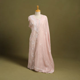 2pc Pink Mul Chanderi Semi Stitched Heavy Chikankari Kurta Set