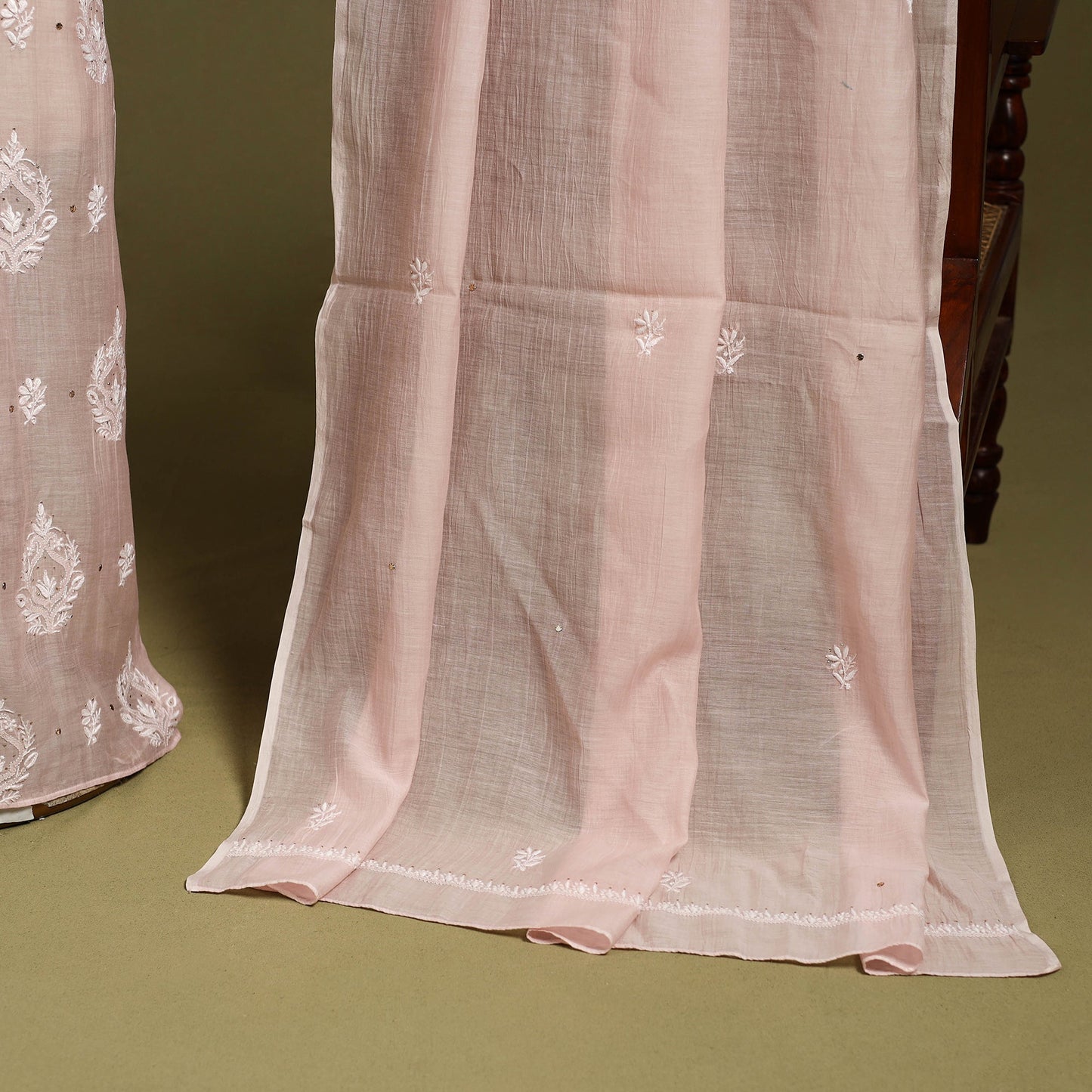 2pc Pink Mul Chanderi Semi Stitched Heavy Chikankari Kurta Set