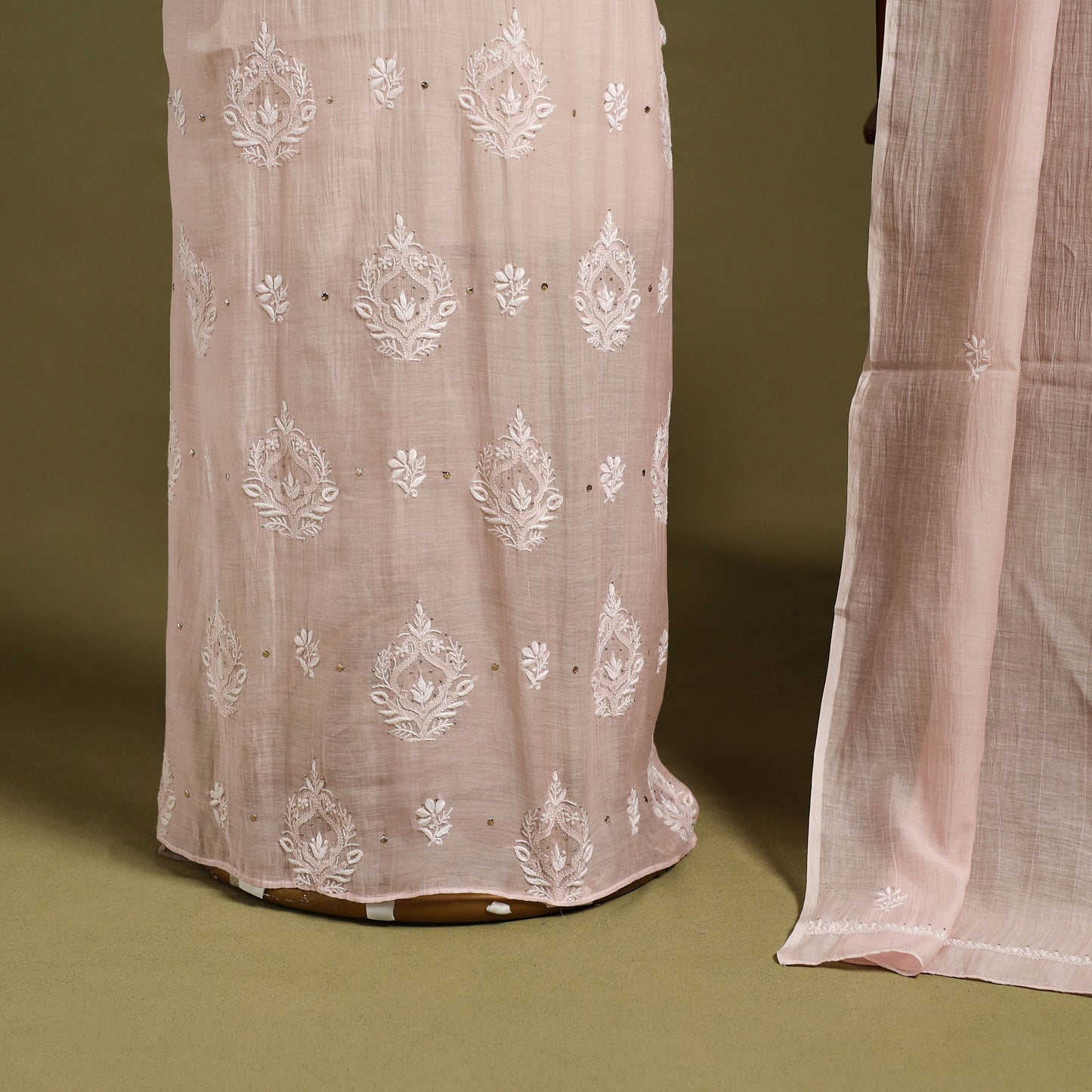 2pc Pink Mul Chanderi Semi Stitched Heavy Chikankari Kurta Set