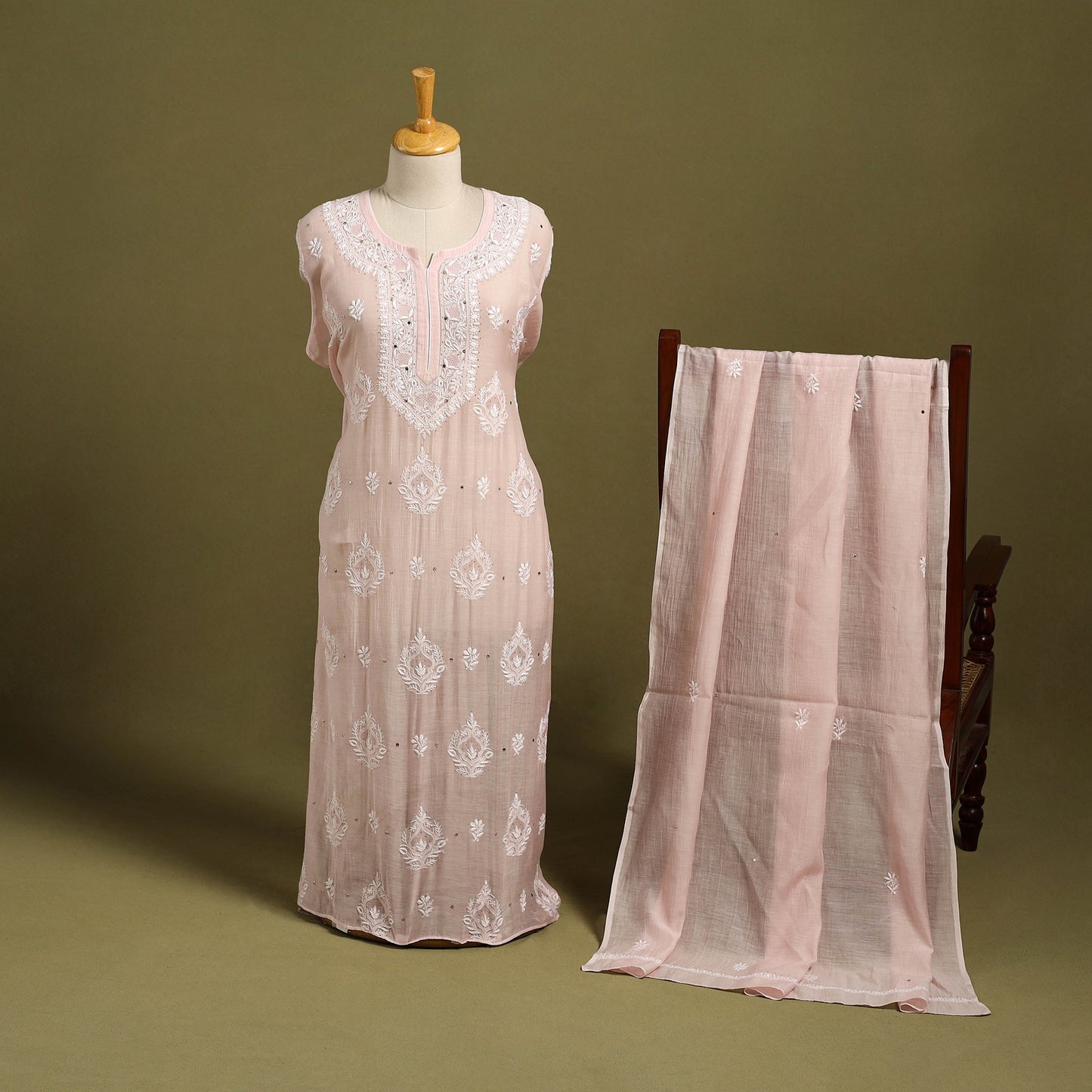 2pc Pink Mul Chanderi Semi Stitched Heavy Chikankari Kurta Set