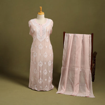 2pc Pink Mul Chanderi Semi Stitched Heavy Chikankari Kurta Set