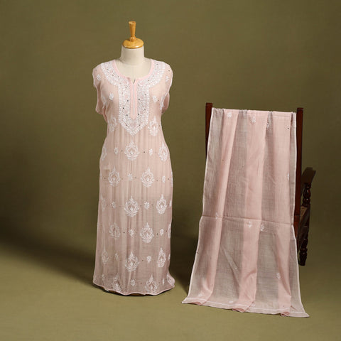 2pc Pink Mul Chanderi Semi Stitched Heavy Chikankari Kurta Set