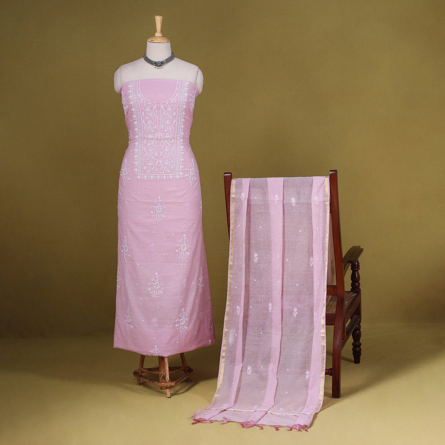 Pink 2pc Mul Chanderi Unstitched Chikankari Dress Material