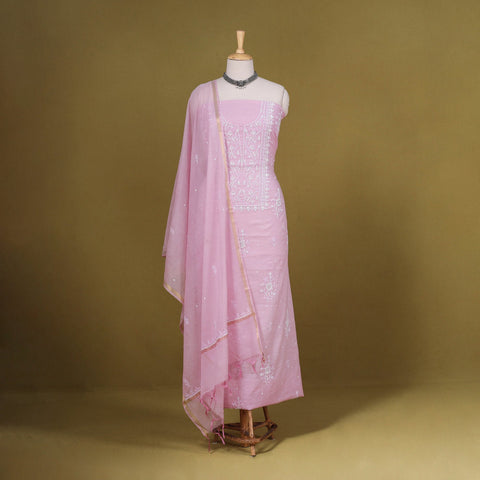 Pink 2pc Mul Chanderi Unstitched Chikankari Dress Material