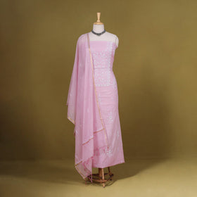Pink 2pc Mul Chanderi Unstitched Chikankari Dress Material
