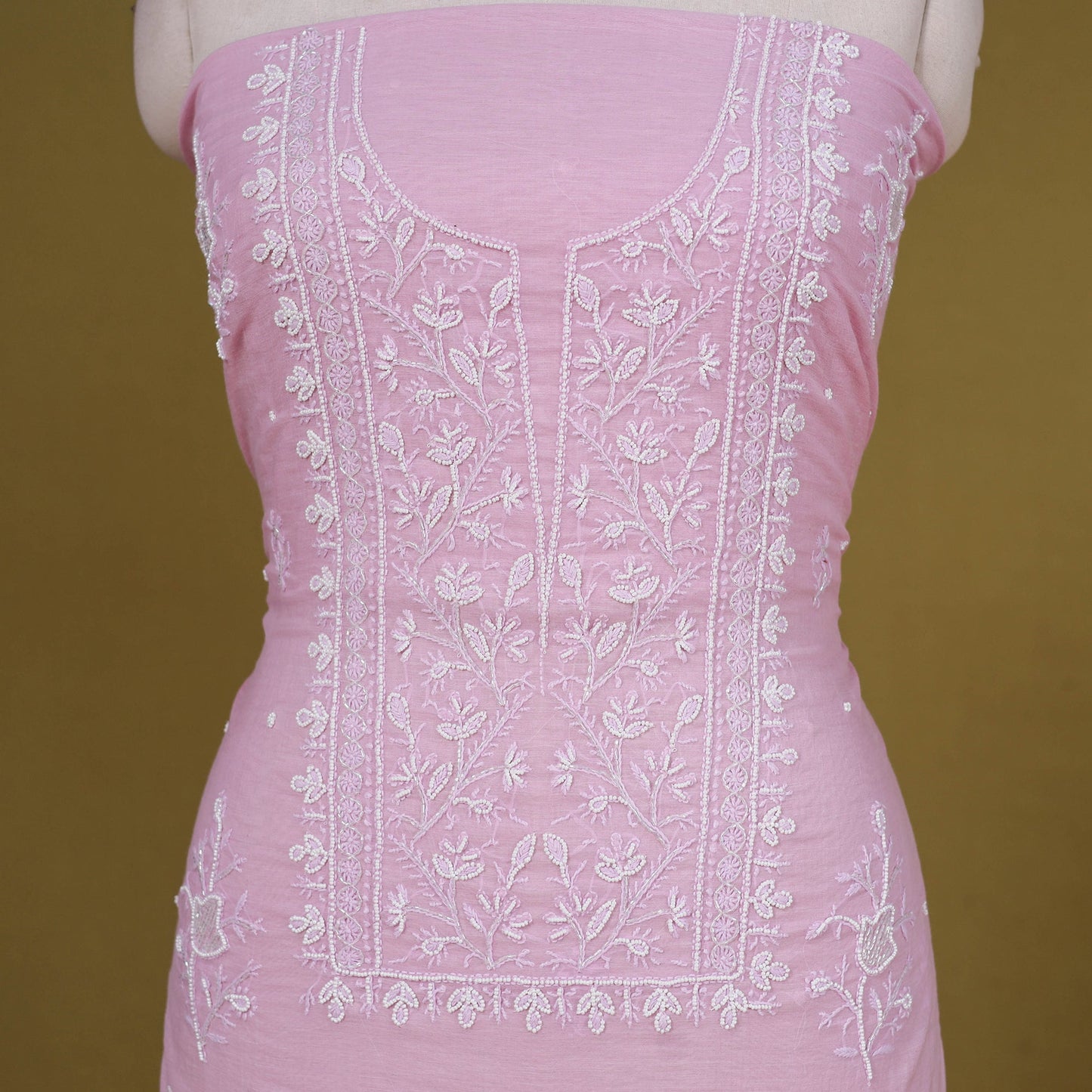 Pink 2pc Mul Chanderi Unstitched Chikankari Dress Material