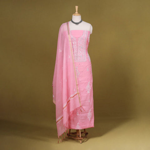 Pink - 2pc mul chanderi unstitched chikankari dress