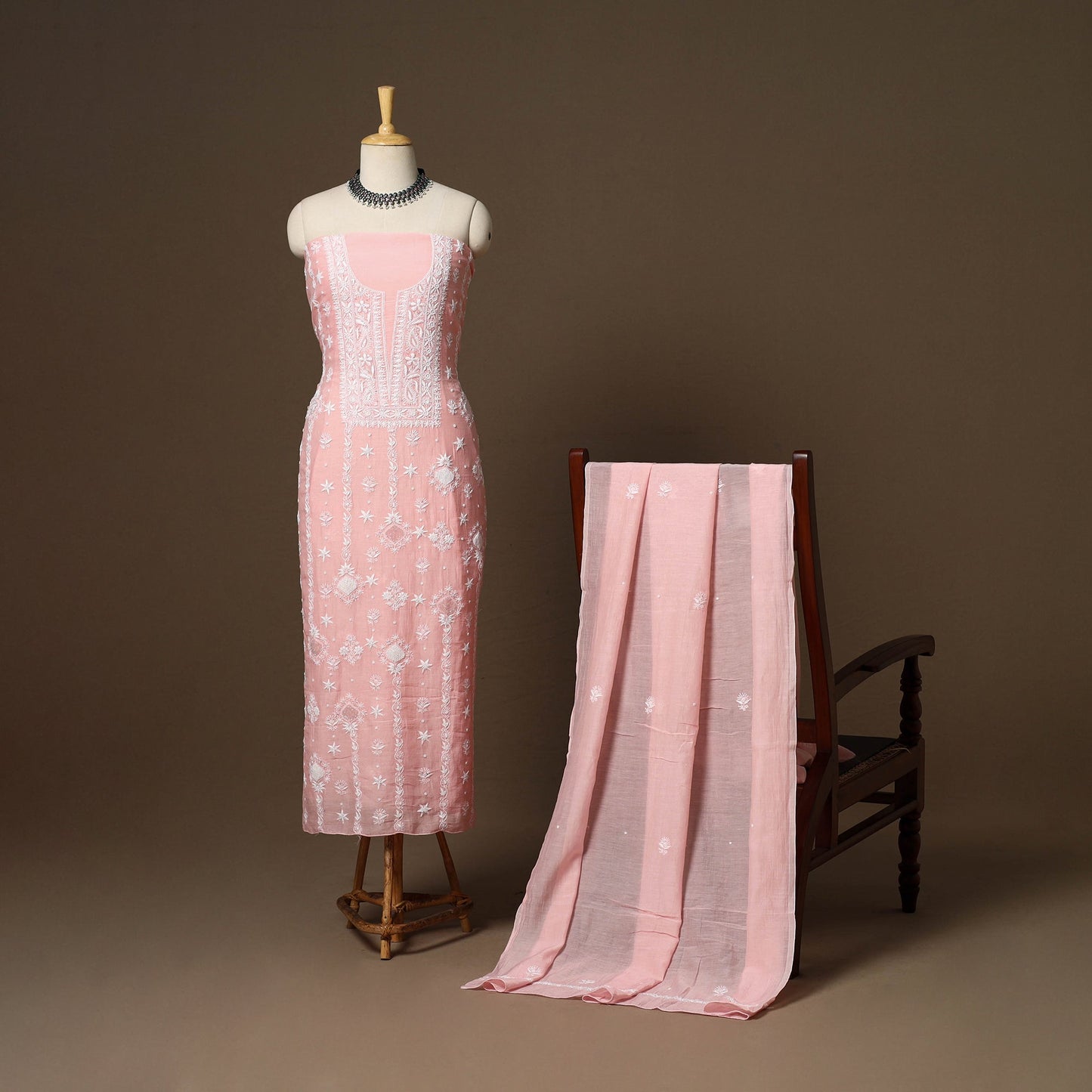 Pink - 2pc mul chanderi unstitched hand beads work heavy