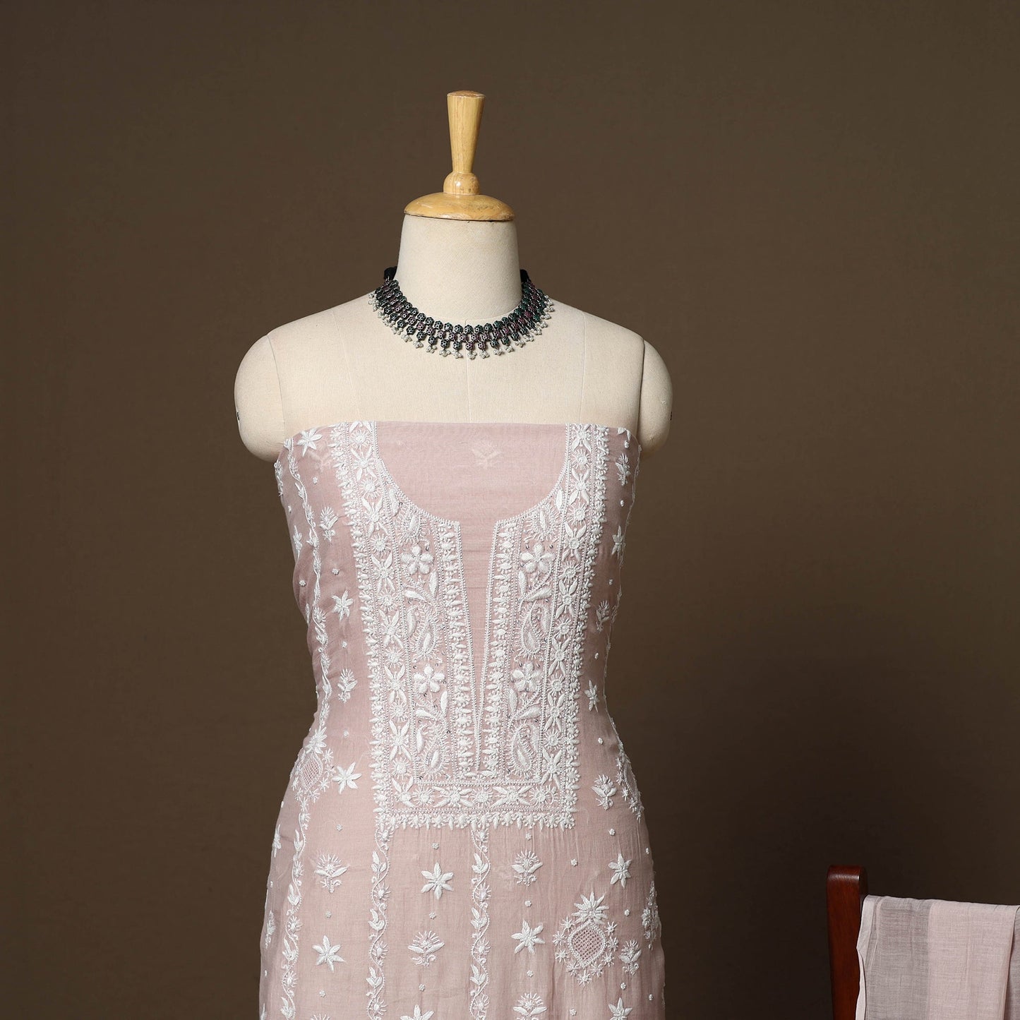 Pink - 2pc mul chanderi unstitched hand beads work heavy