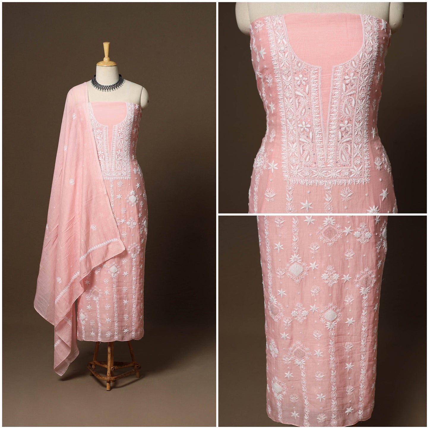 Pink - 2pc mul chanderi unstitched hand beads work heavy