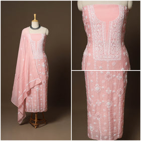 Pink - 2pc mul chanderi unstitched hand beads work heavy