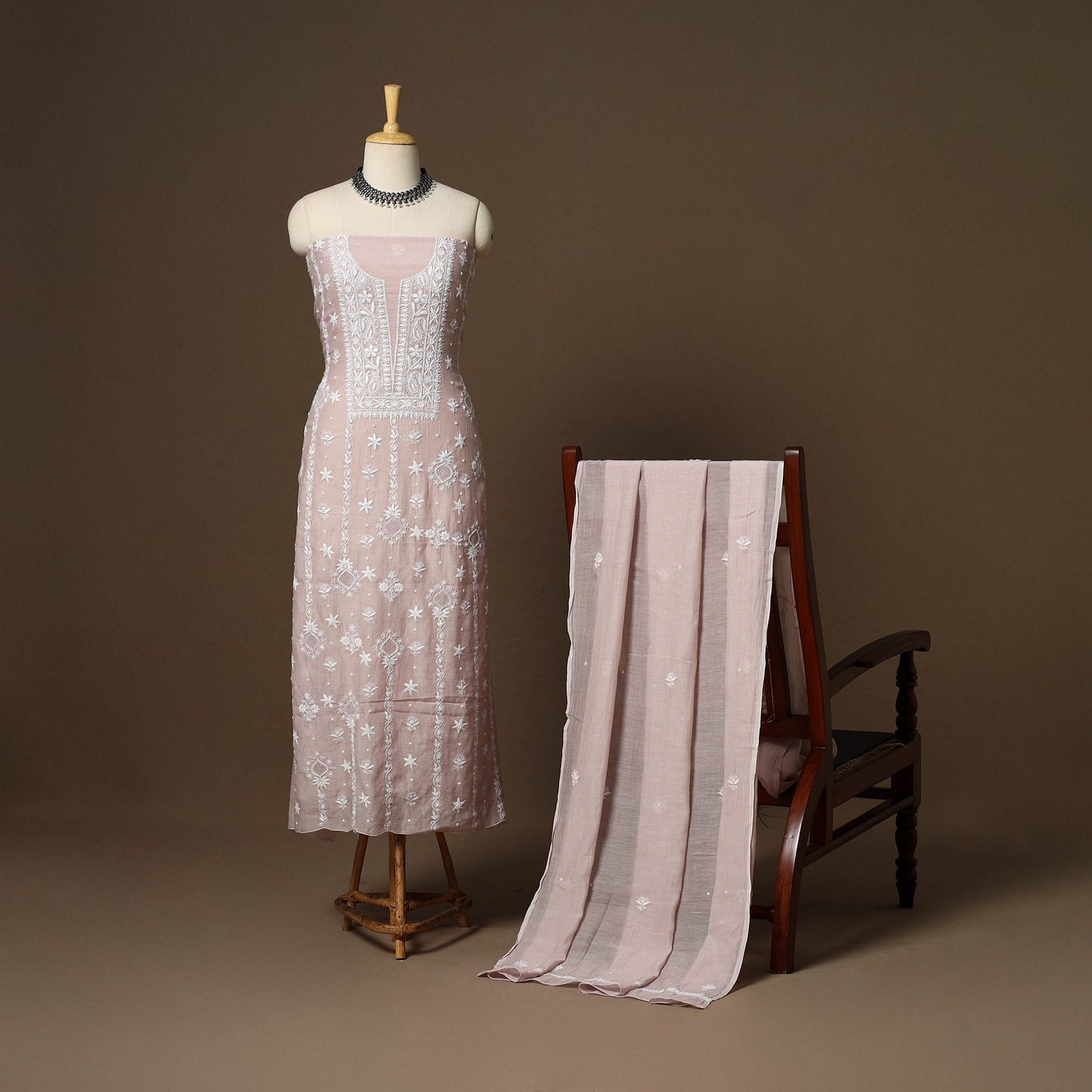 Pink - 2pc mul chanderi unstitched hand beads work heavy