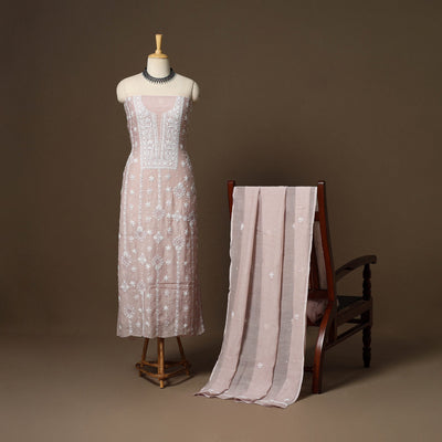 Pink - 2pc mul chanderi unstitched hand beads work heavy