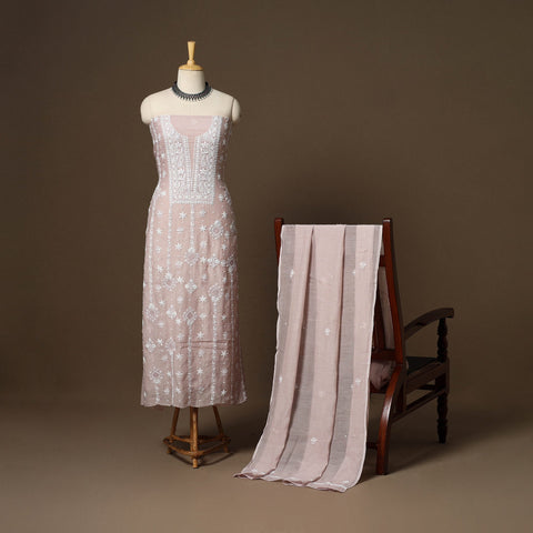 Pink - 2pc mul chanderi unstitched hand beads work heavy