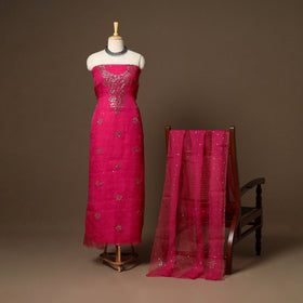 Pink - 2pc organza silk unstitched mukaish handwork dress