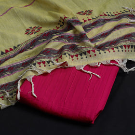 Pink - 2pc Pintuck Plain Cotton Kurta with Kantha Embroidery Dupatta 33