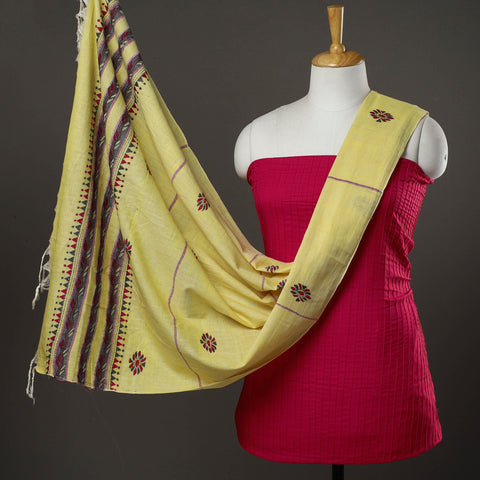 Pink - 2pc Pintuck Plain Cotton Kurta with Kantha Embroidery Dupatta 33