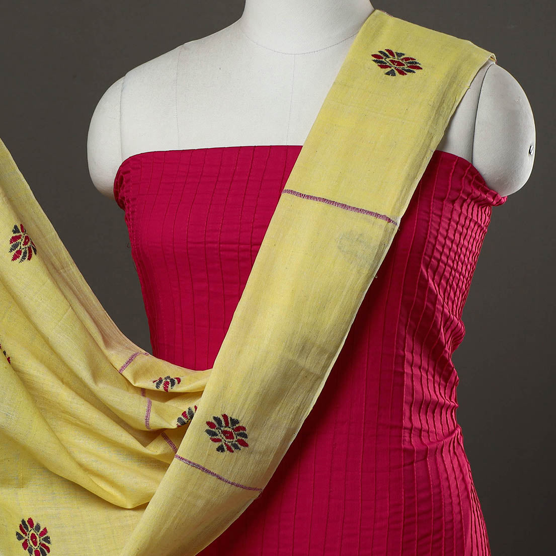Pink - 2pc Pintuck Plain Cotton Kurta with Kantha Embroidery Dupatta 33