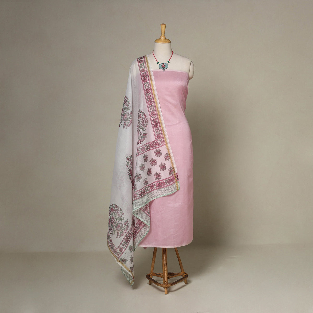 Pink - 2pc unstitched chanderi silk plain dress material